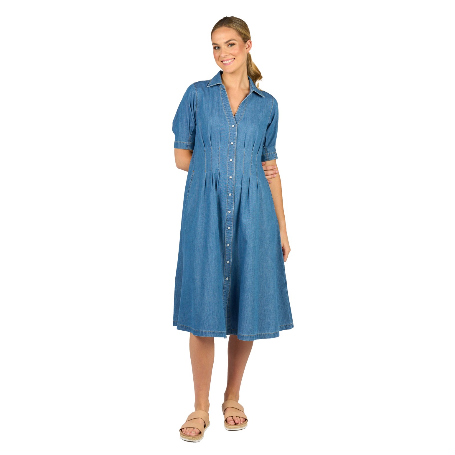 Vassalli Cap Sleeve Shaped Waist Button Up Dress With Pockets